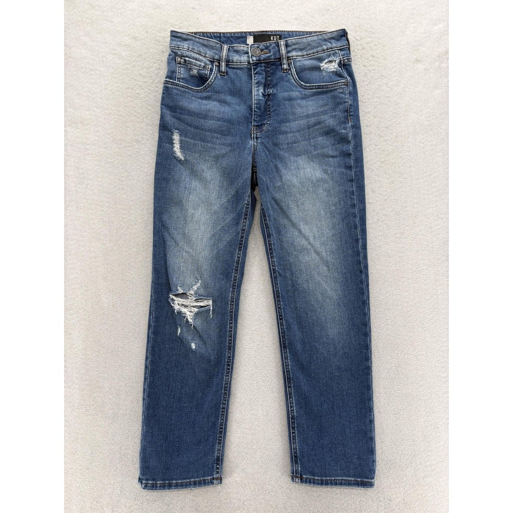 KUT From The Kloth Elizabeth Fab Ab Straight Crop Jeans Womens 2 Blue Distressed